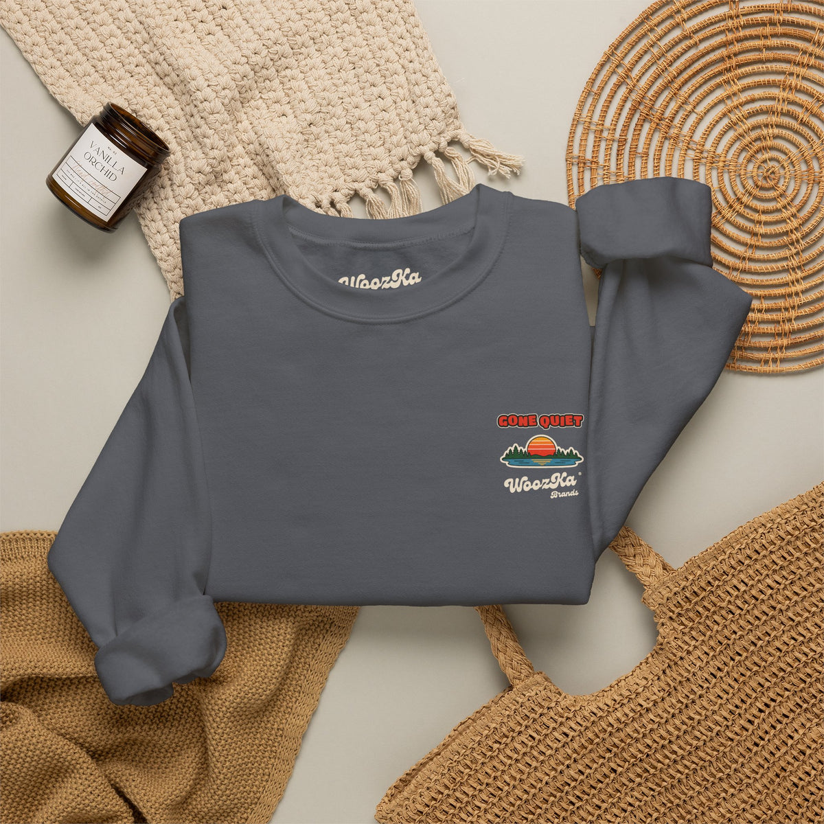 WoozKa Brands Retro Sunset Lake Sweatshirt, Nature Outdoors Pine Back Print