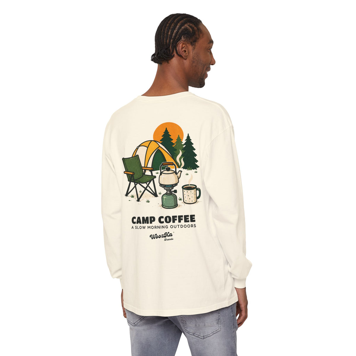WoozKa Brands Camp Coffee Camping Long Sleeve T-Shirt, Two-Sided Graphic