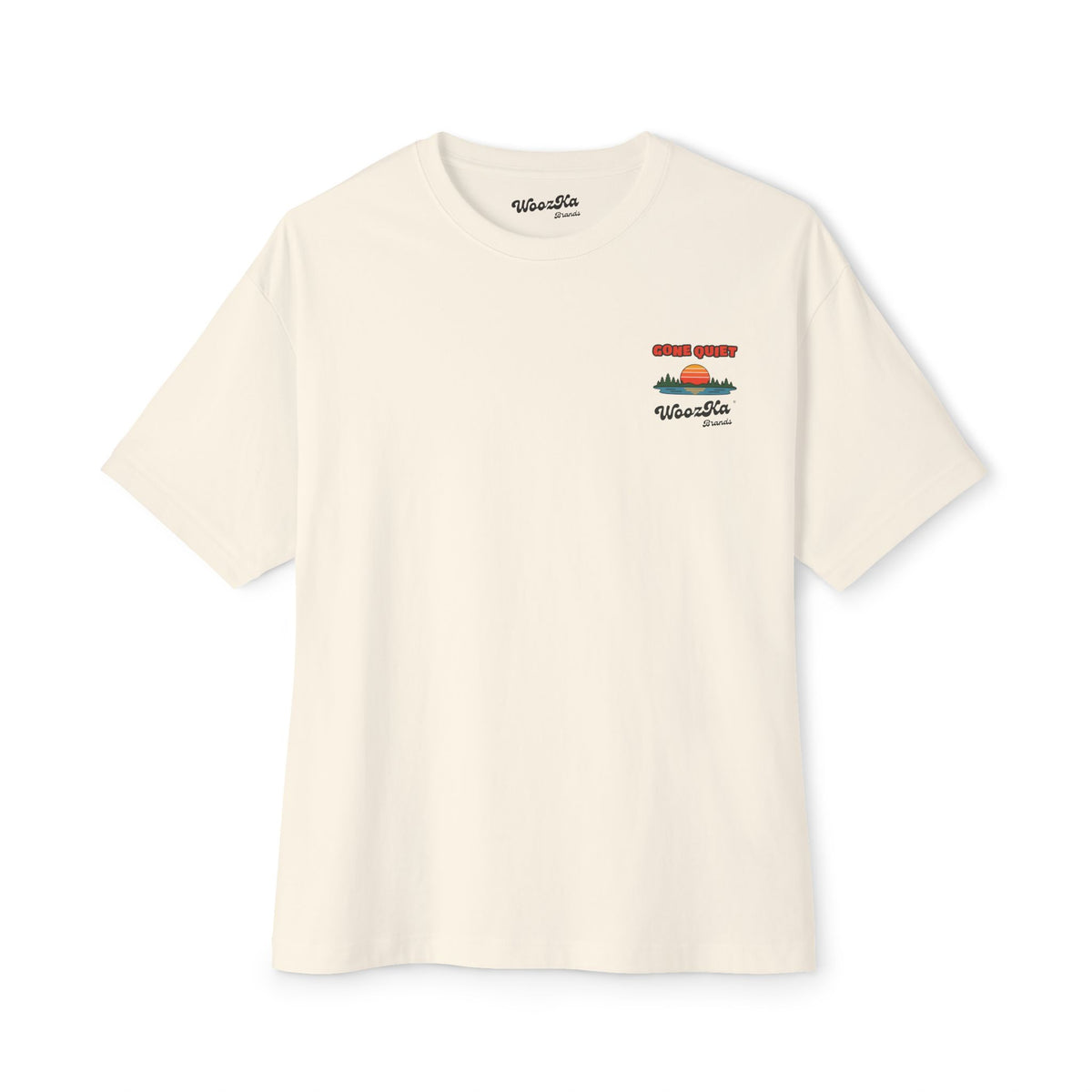 WoozKa Brands Retro Sunset Lake Oversized Tee, Nature Outdoors Back Print