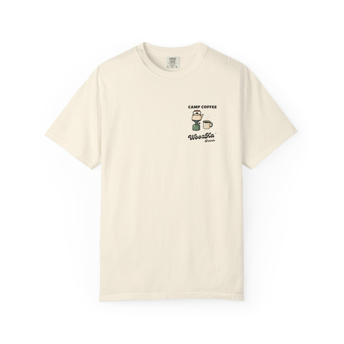WoozKa Brands Camp Coffee Camping Garment-Dyed T-Shirt, Two-Sided Graphic