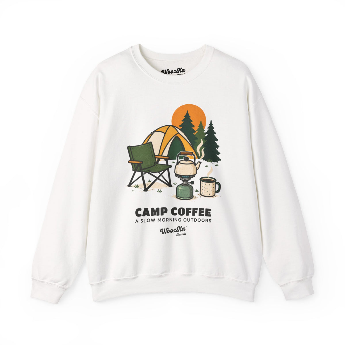 WoozKa Brands Camp Coffee Camping Crewneck Sweatshirt, Front Graphic