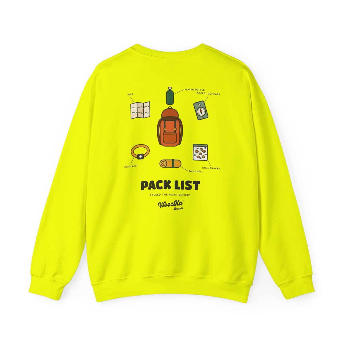 WoozKa Brands Hiking Sweatshirt, Backpacking Gear List Back Print