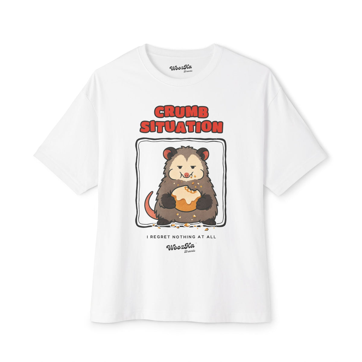 WoozKa Brands Crumb Situation Opossum Oversized Boxy T-Shirt, Front Graphic