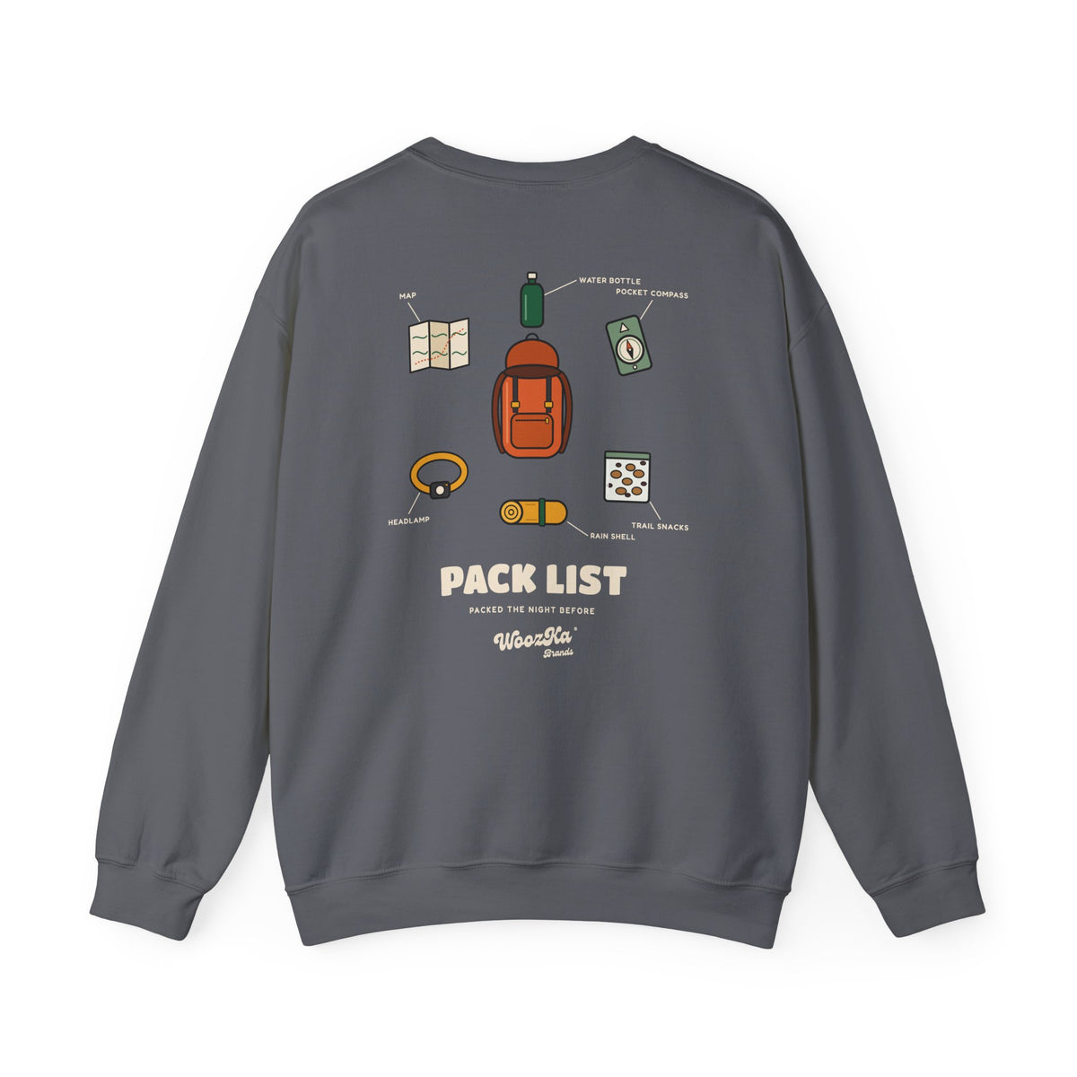WoozKa Brands Hiking Sweatshirt, Backpacking Gear List Back Print