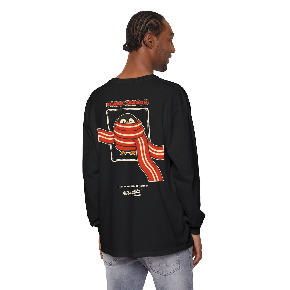 WoozKa Brands Scarf Season Penguin Long Sleeve T-Shirt, Two-Sided Graphic