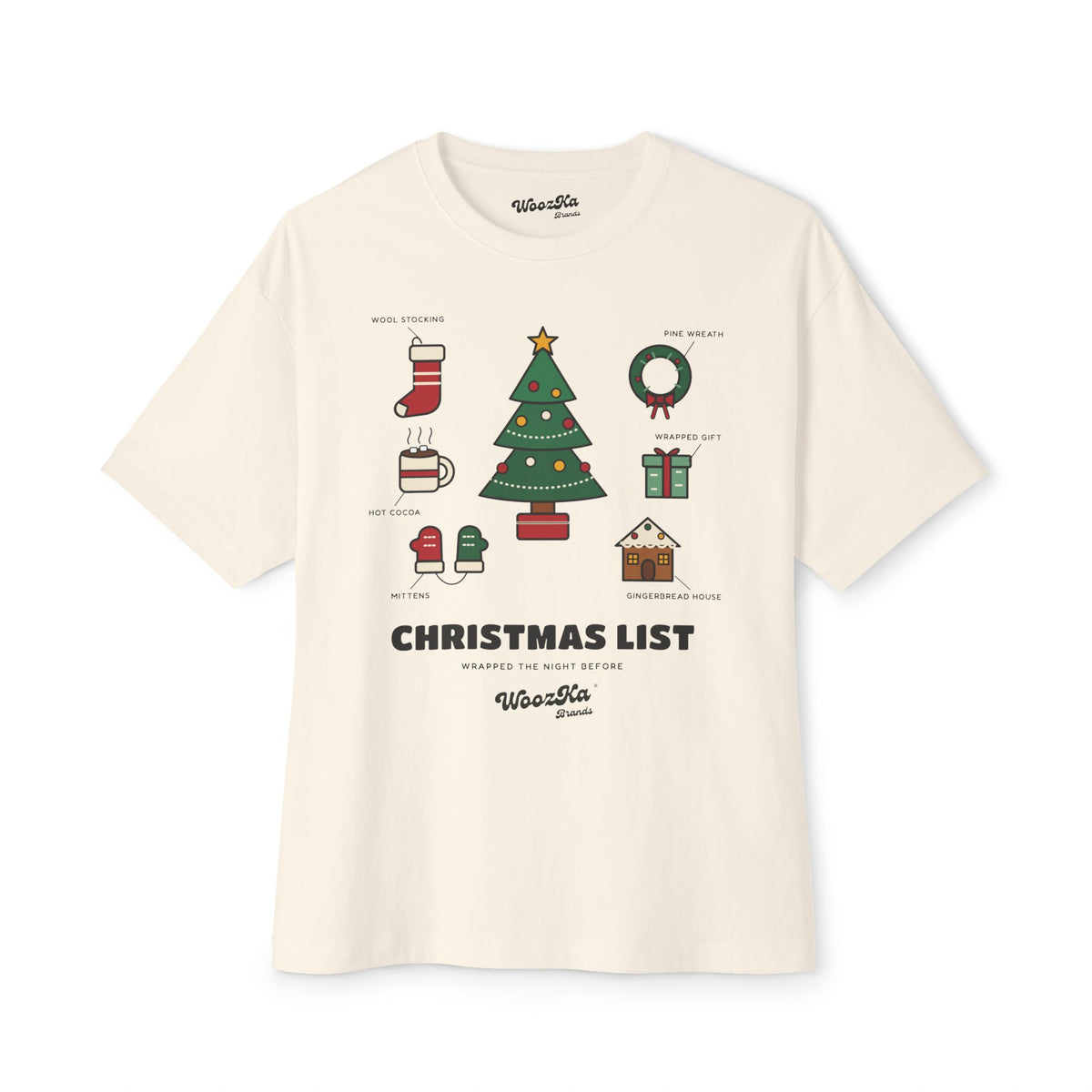 WoozKa Brands Cute Christmas Tree Oversized Tee, Holiday List Front Print