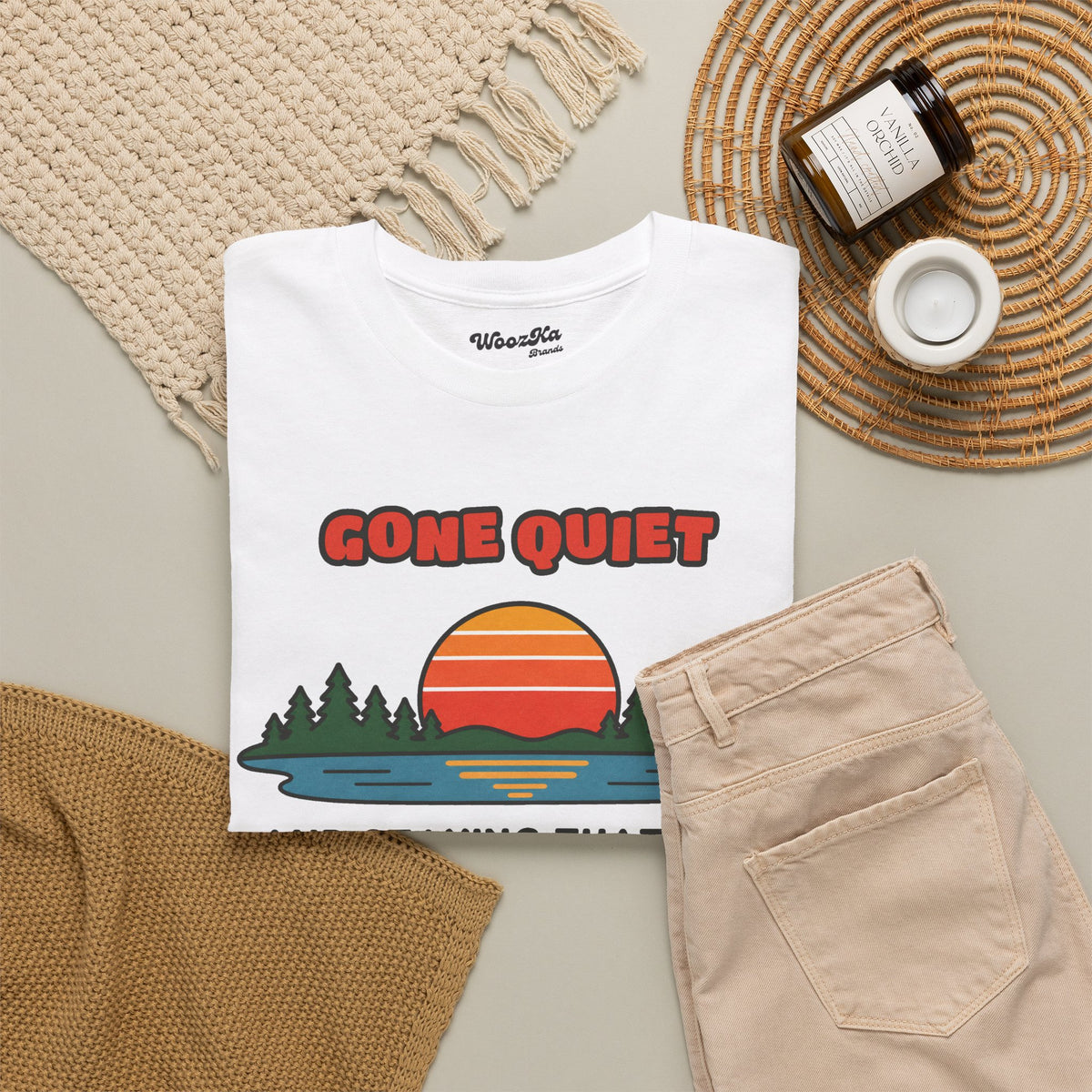 WoozKa Brands Retro Sunset Lake T-Shirt, Nature Outdoors Pine Front Print
