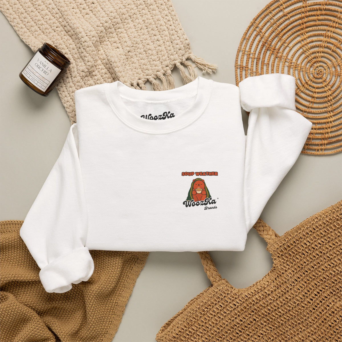 WoozKa Brands Soup Weather Bear Crewneck Sweatshirt, Front and Back Graphic