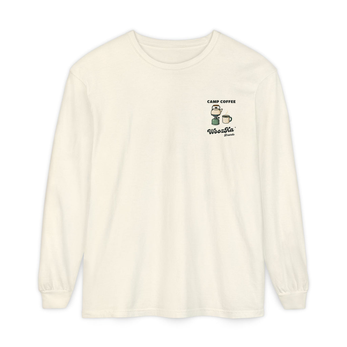 WoozKa Brands Camping Coffee Long Sleeve Tee, Outdoor Tent Back Print
