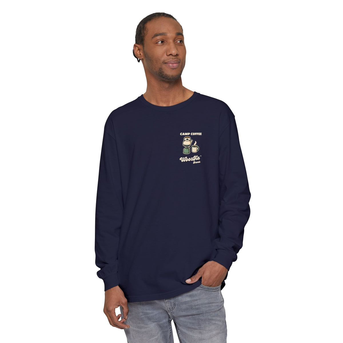 WoozKa Brands Camp Coffee Camping Long Sleeve T-Shirt, Two-Sided Graphic