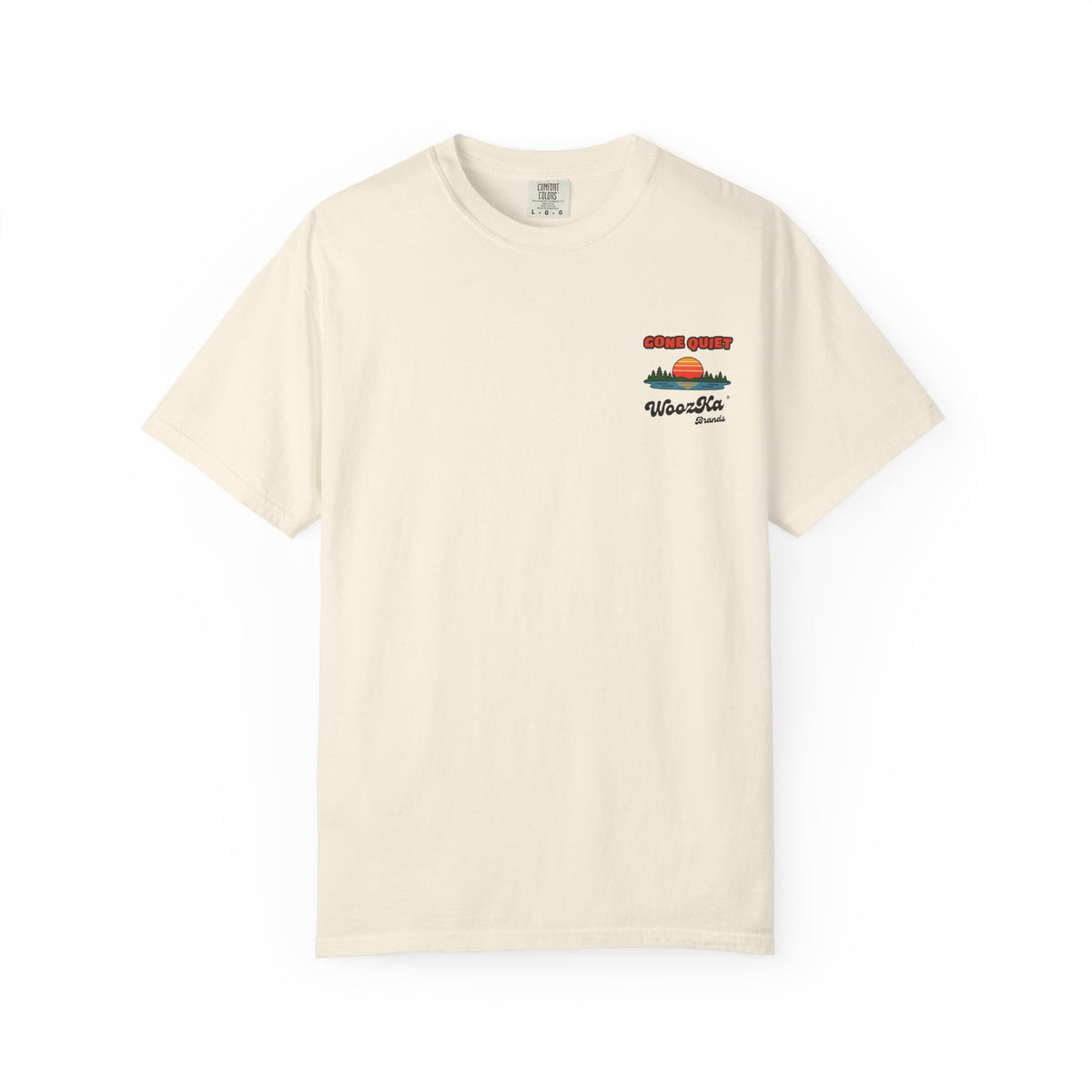 WoozKa Brands Retro Sunset Lake Heavyweight Tee, Nature Outdoors Back Print