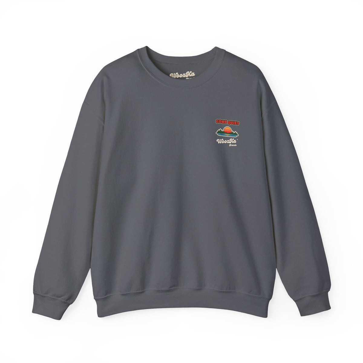 WoozKa Brands Retro Sunset Lake Sweatshirt, Nature Outdoors Pine Back Print