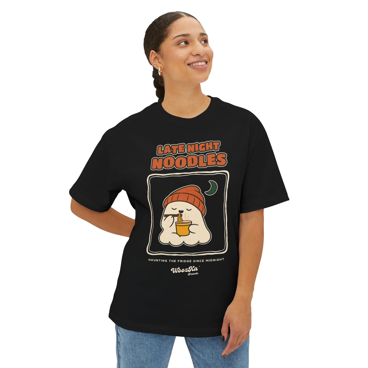 WoozKa Brands Late Night Noodles Ghost Oversized Boxy T-Shirt, Front Print