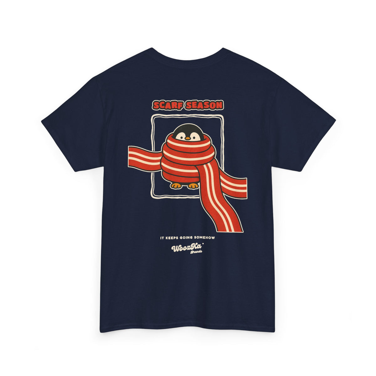 WoozKa Brands Scarf Season Penguin Heavy Cotton T-Shirt, Two-Sided Graphic