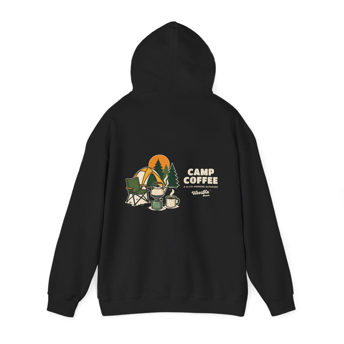 WoozKa Brands Camp Coffee Camping Hoodie, Wide Back Graphic