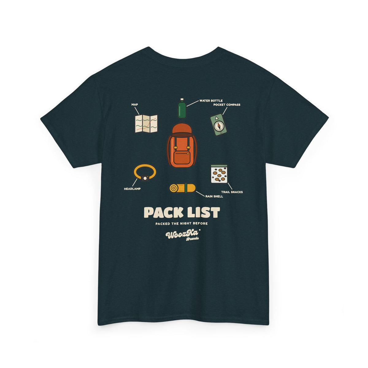 WoozKa Brands Hiking T-Shirt, Backpacking Gear List Back Print