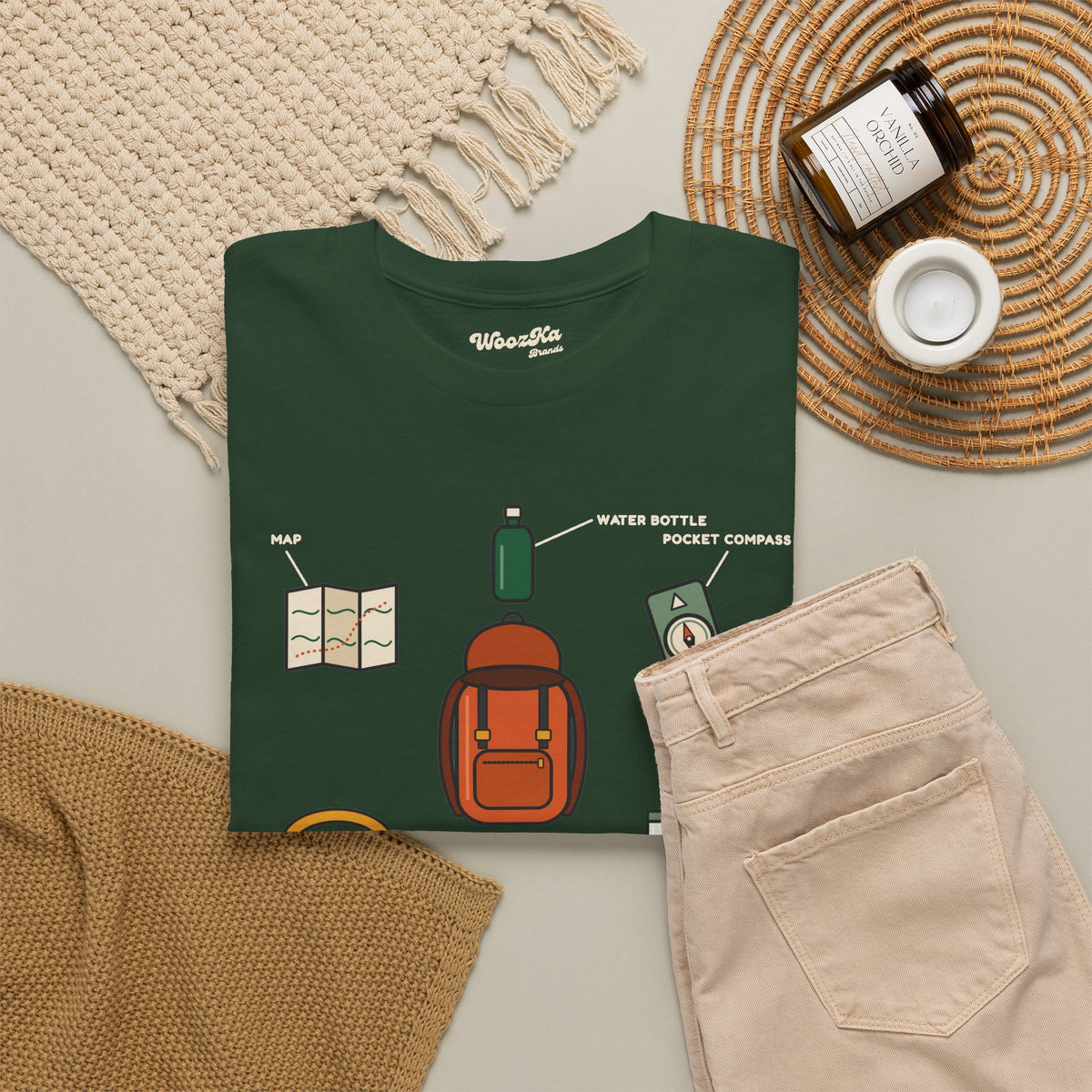 WoozKa Brands Hiking T-Shirt, Backpacking Gear List Front Print