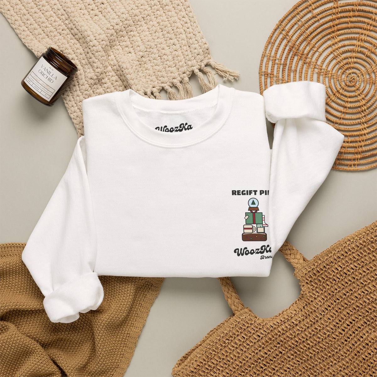 WoozKa Brands Funny Christmas Sweatshirt, Regift Office Party Back Print