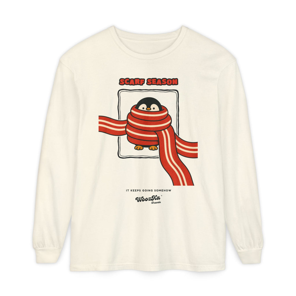 WoozKa Brands Scarf Season Penguin Long Sleeve T-Shirt, Front Graphic
