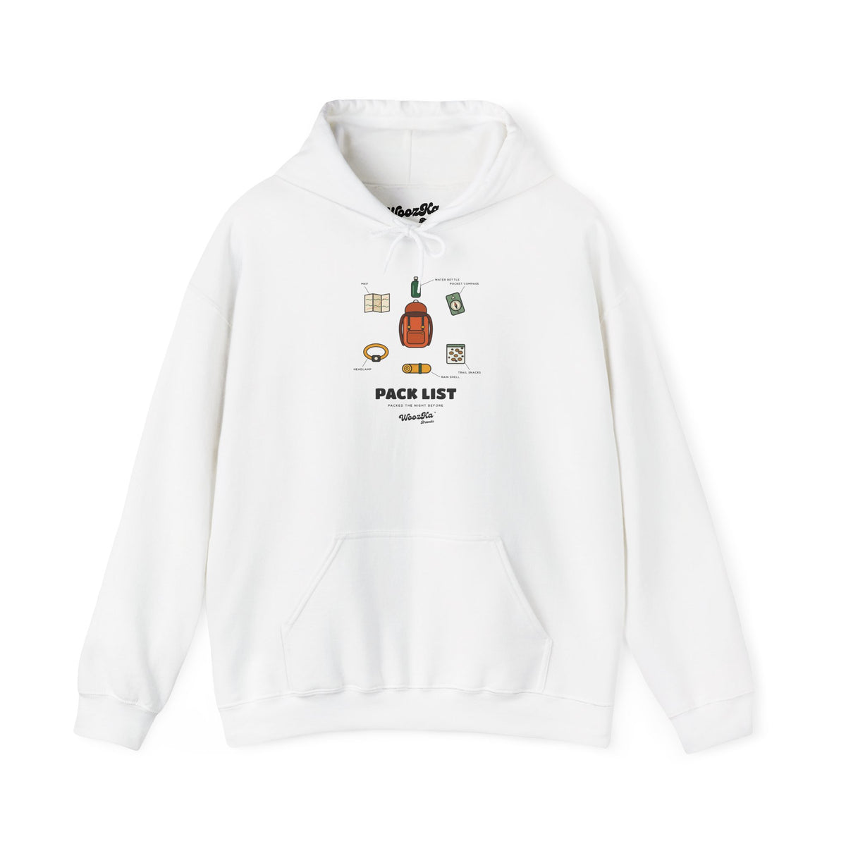 WoozKa Brands Hiking Hoodie, Backpacking Gear List Front Print
