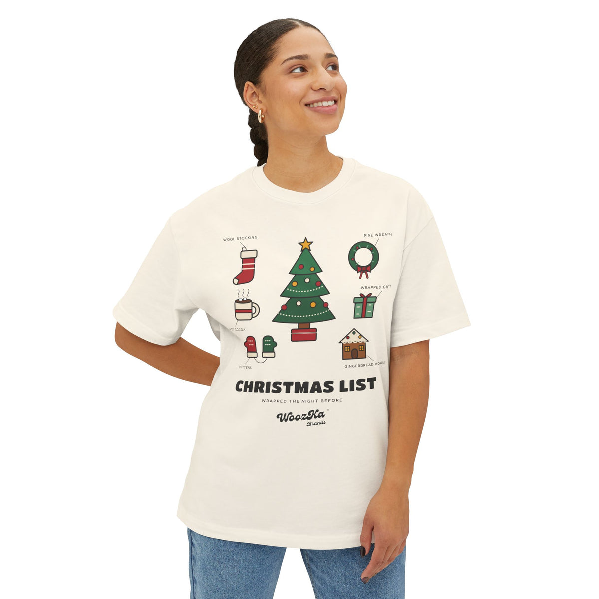 WoozKa Brands Cute Christmas Tree Oversized Tee, Holiday List Front Print
