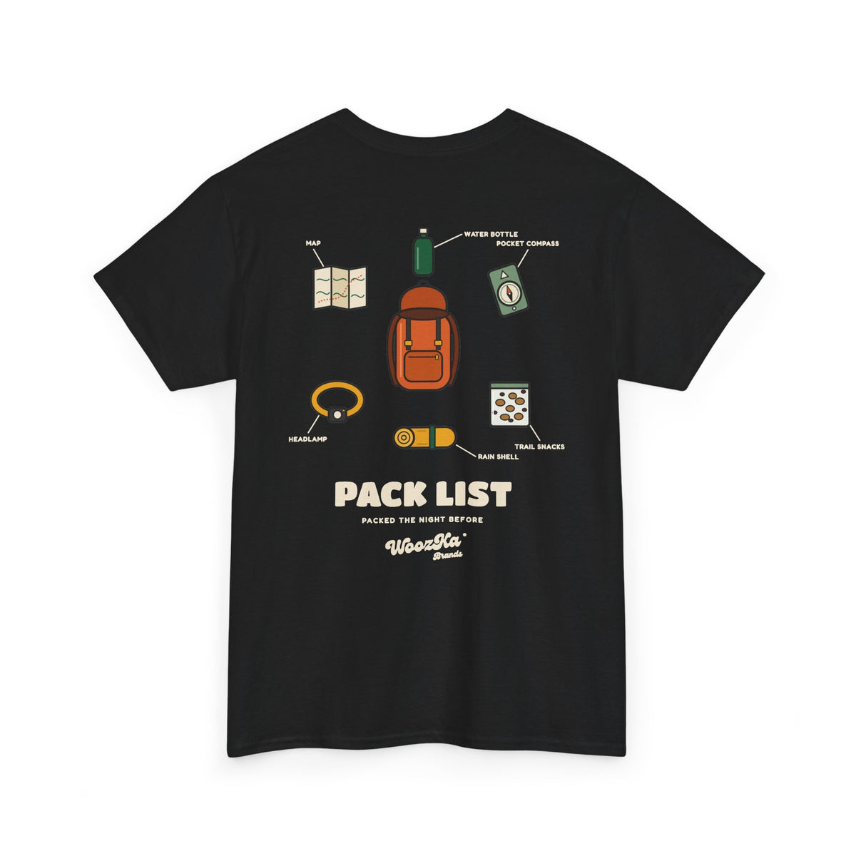 WoozKa Brands Hiking T-Shirt, Backpacking Gear List Back Print