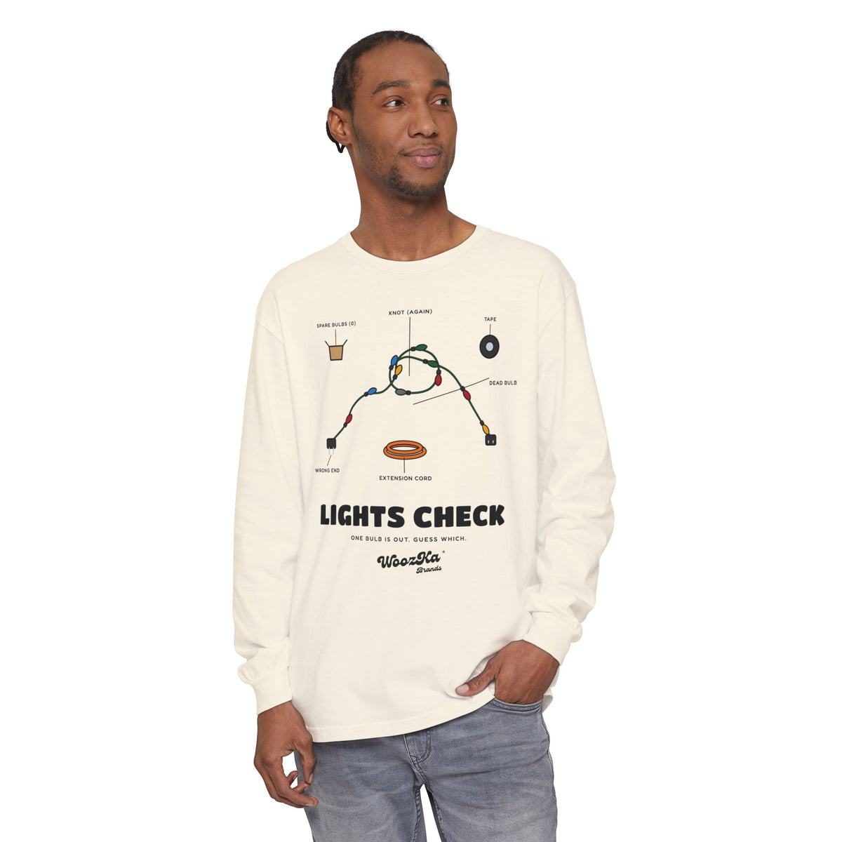 WoozKa Brands Christmas Lights Long Sleeve Tee, Funny Holiday Front Print