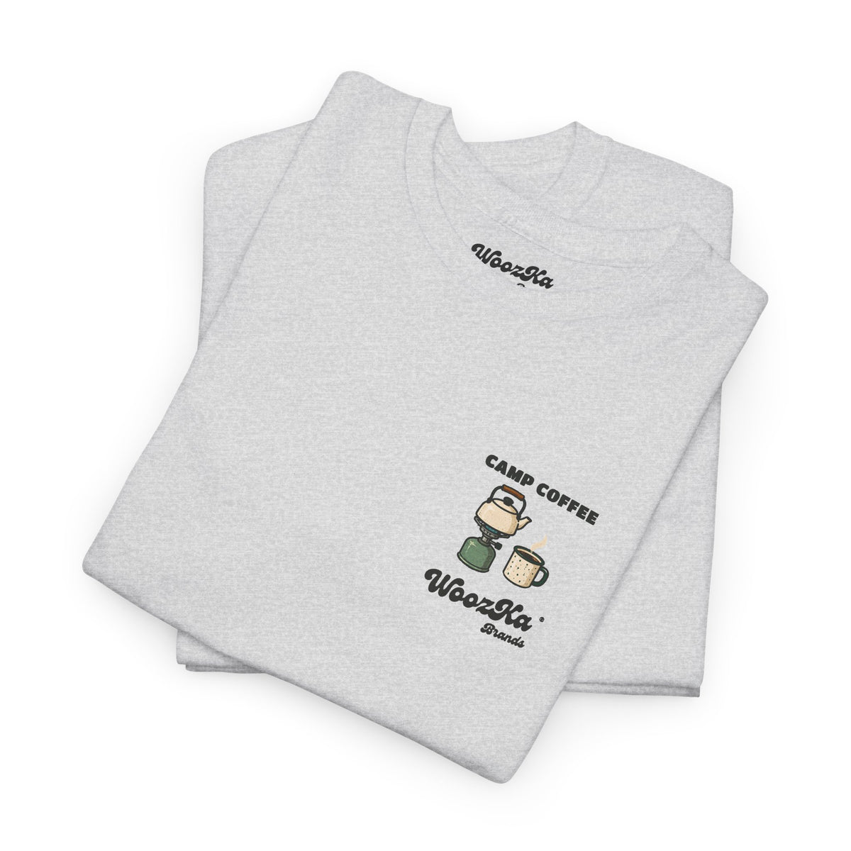 WoozKa Brands Camp Coffee Camping Heavy Cotton T-Shirt, Two-Sided Graphic