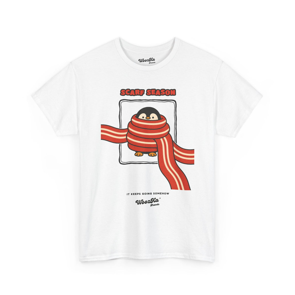 WoozKa Brands Scarf Season Penguin Heavy Cotton T-Shirt, Front Graphic