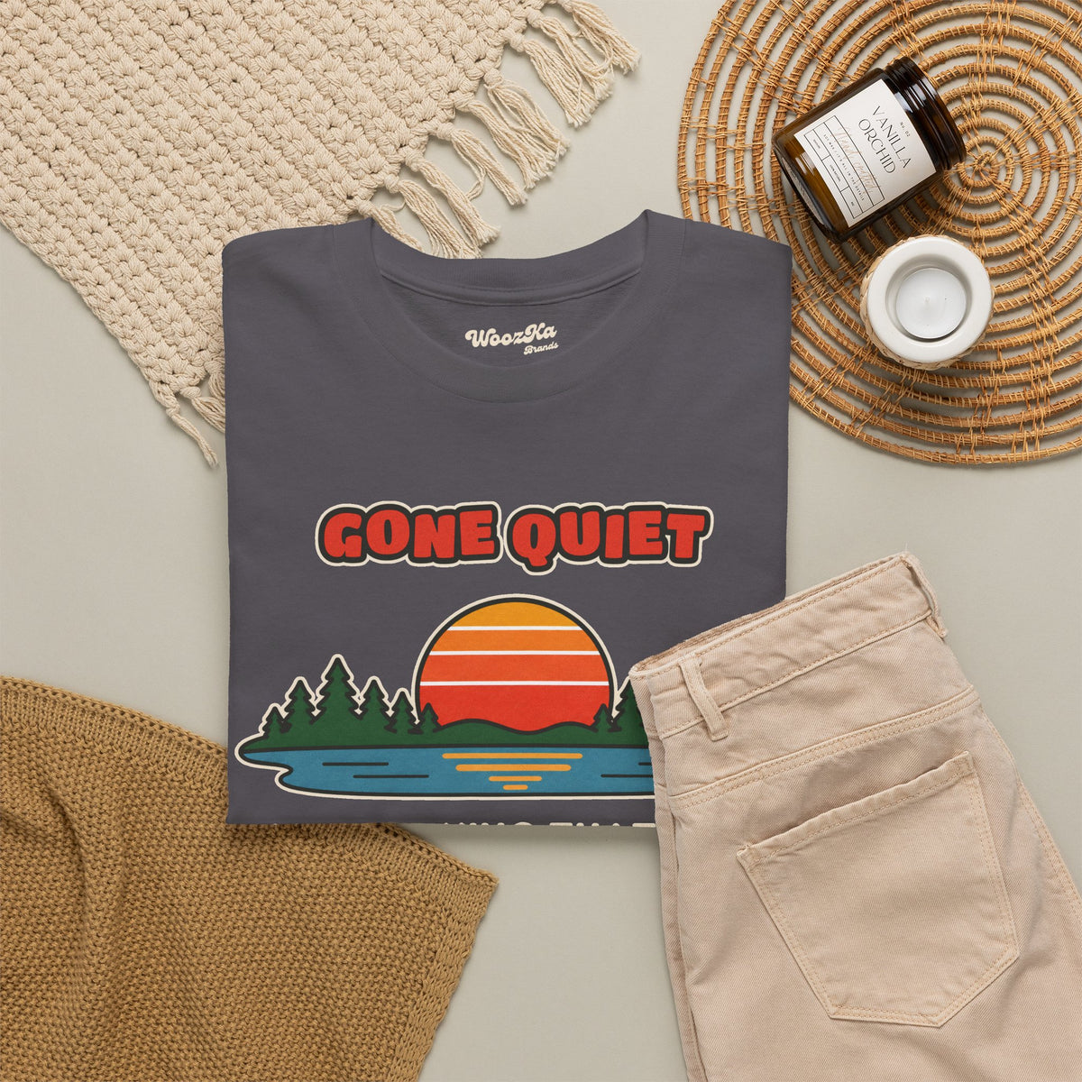 WoozKa Brands Retro Sunset Lake T-Shirt, Nature Outdoors Pine Front Print