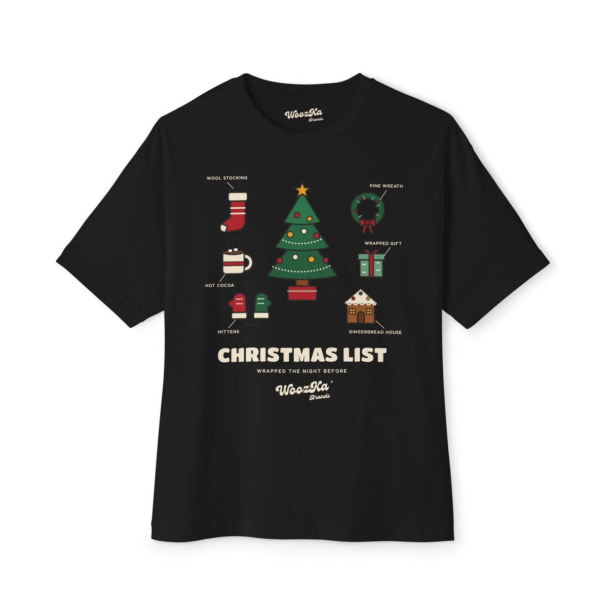 WoozKa Brands Cute Christmas Tree Oversized Tee, Holiday List Front Print