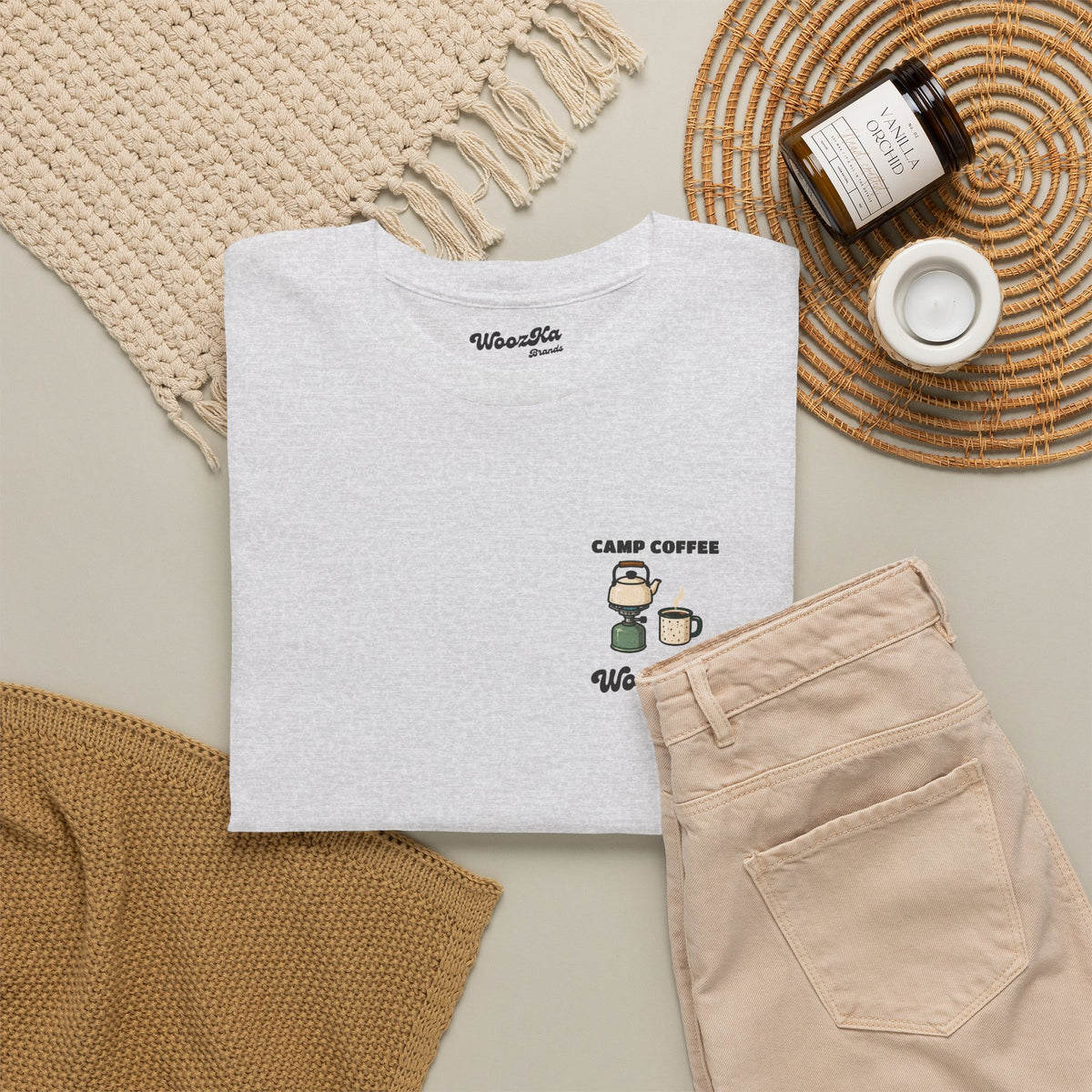 WoozKa Brands Camp Coffee Camping Heavy Cotton T-Shirt, Two-Sided Graphic