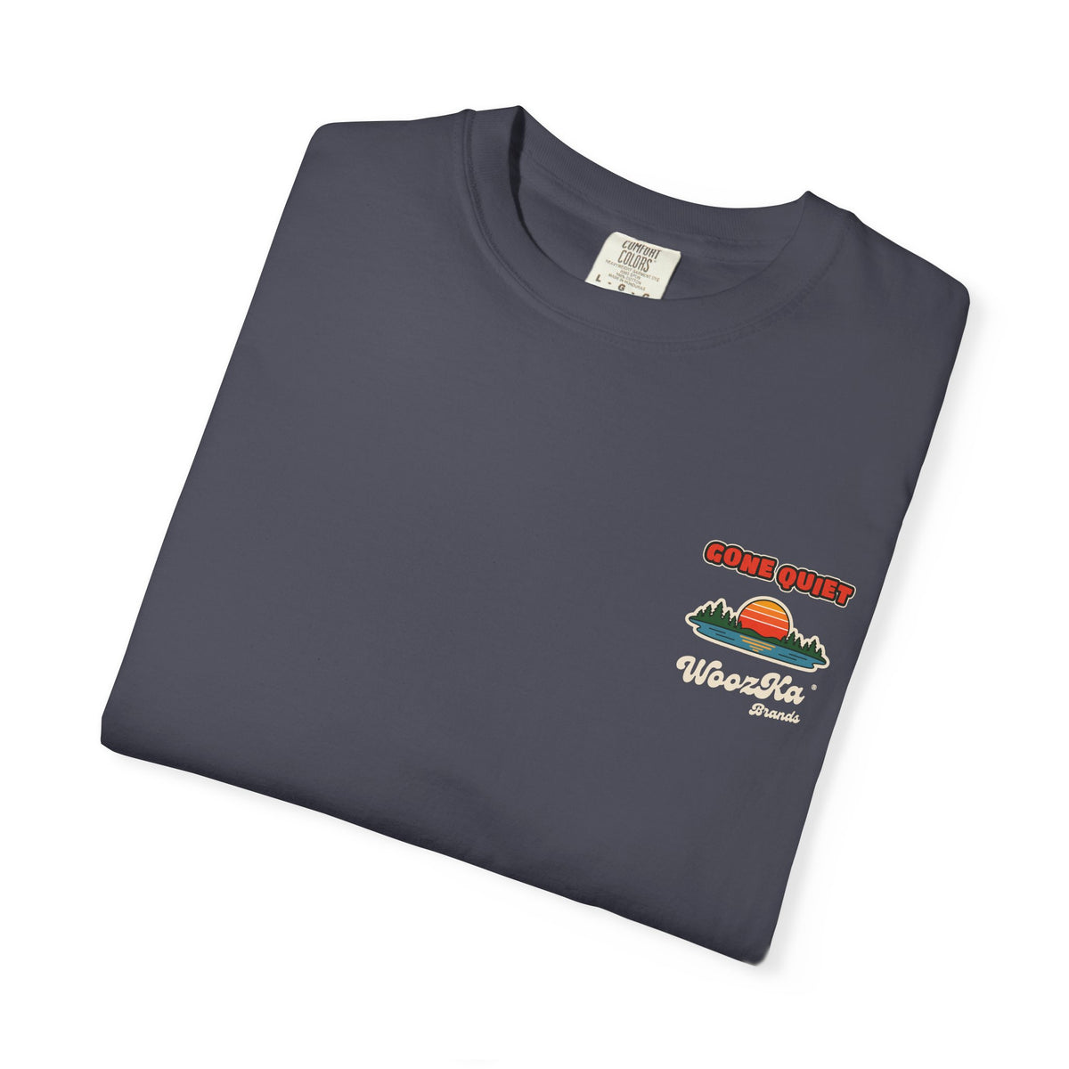 WoozKa Brands Retro Sunset Lake Heavyweight Tee, Nature Outdoors Back Print
