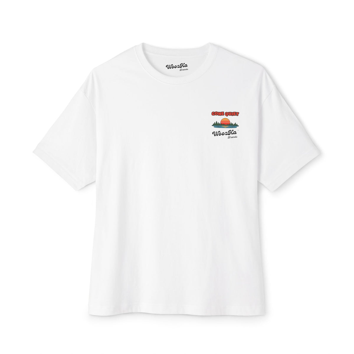 WoozKa Brands Retro Sunset Lake Oversized Tee, Nature Outdoors Back Print