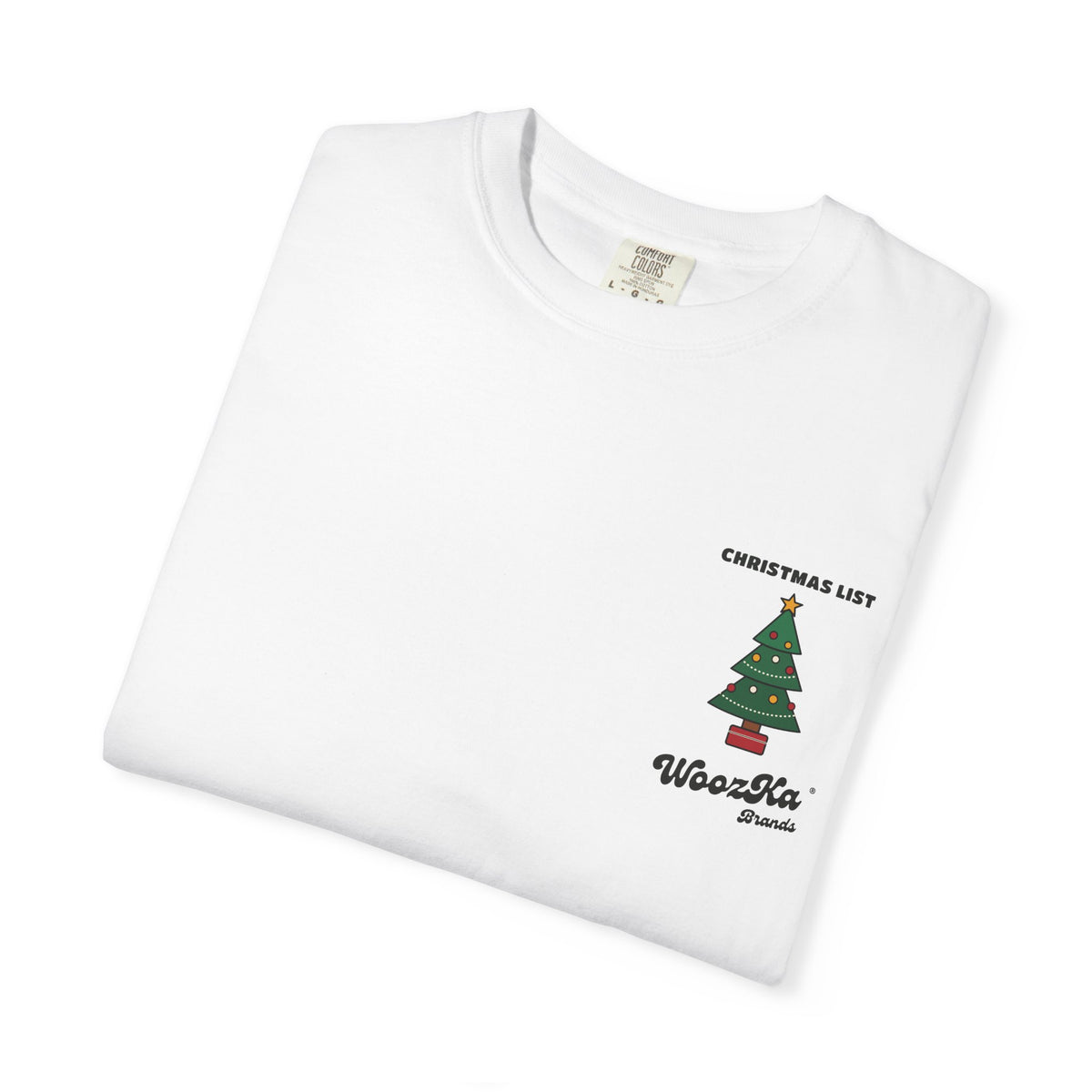 WoozKa Brands Cute Christmas Tree Heavyweight Tee, Holiday List Back Print