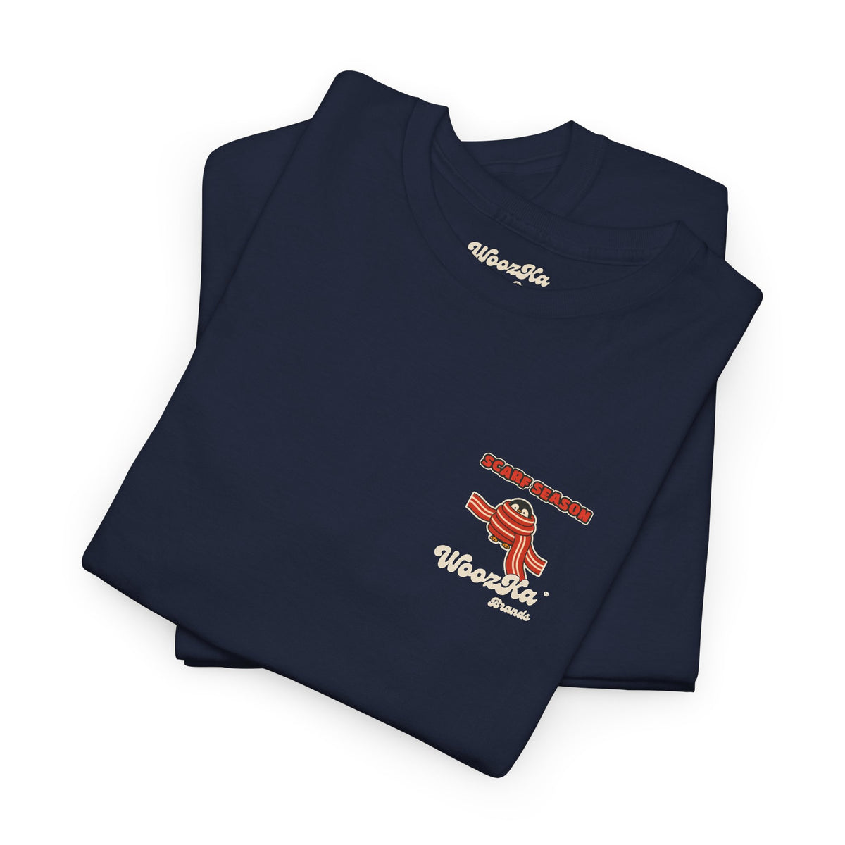 WoozKa Brands Scarf Season Penguin Heavy Cotton T-Shirt, Two-Sided Graphic