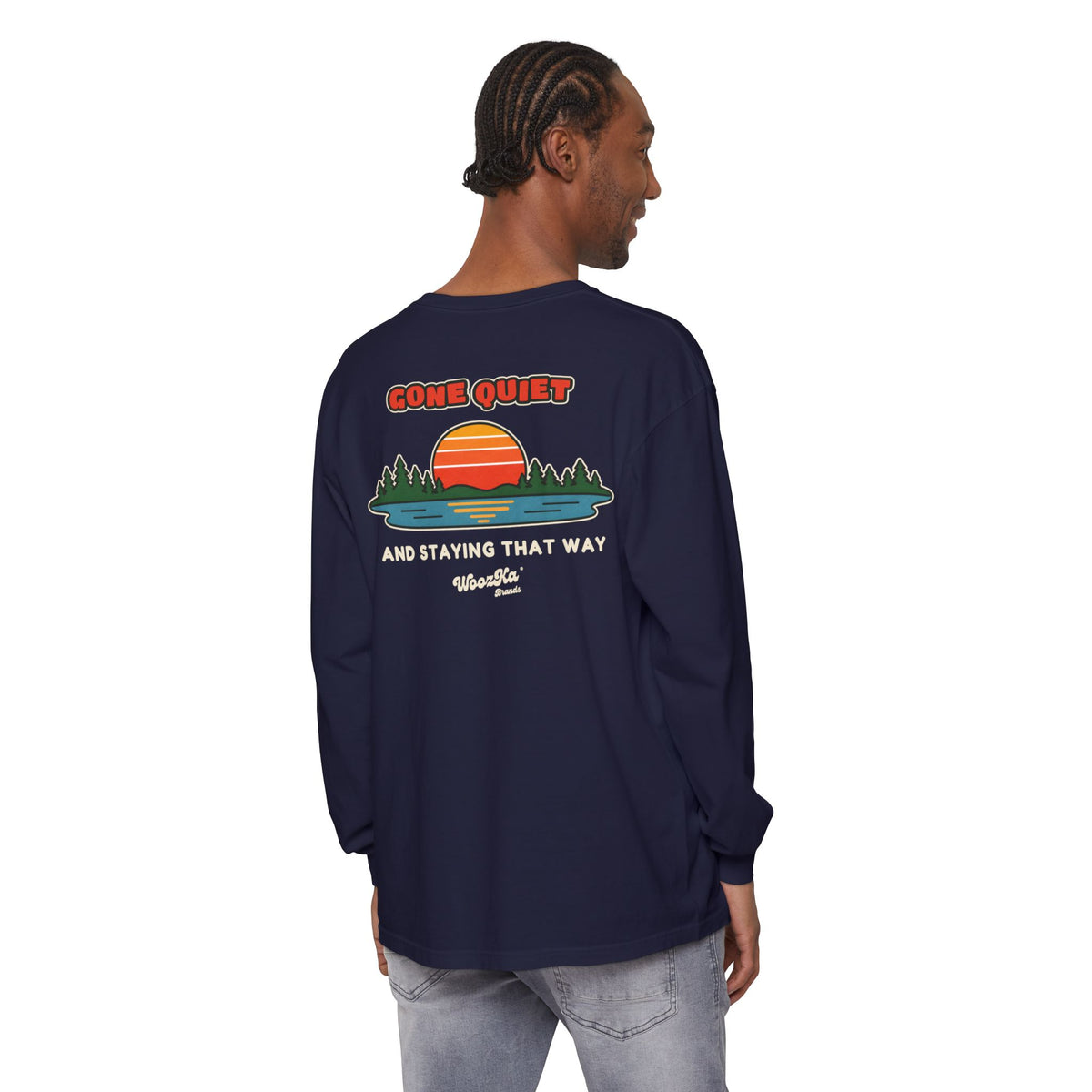 WoozKa Brands Retro Sunset Lake Long Sleeve Tee, Nature Outdoors Back Print