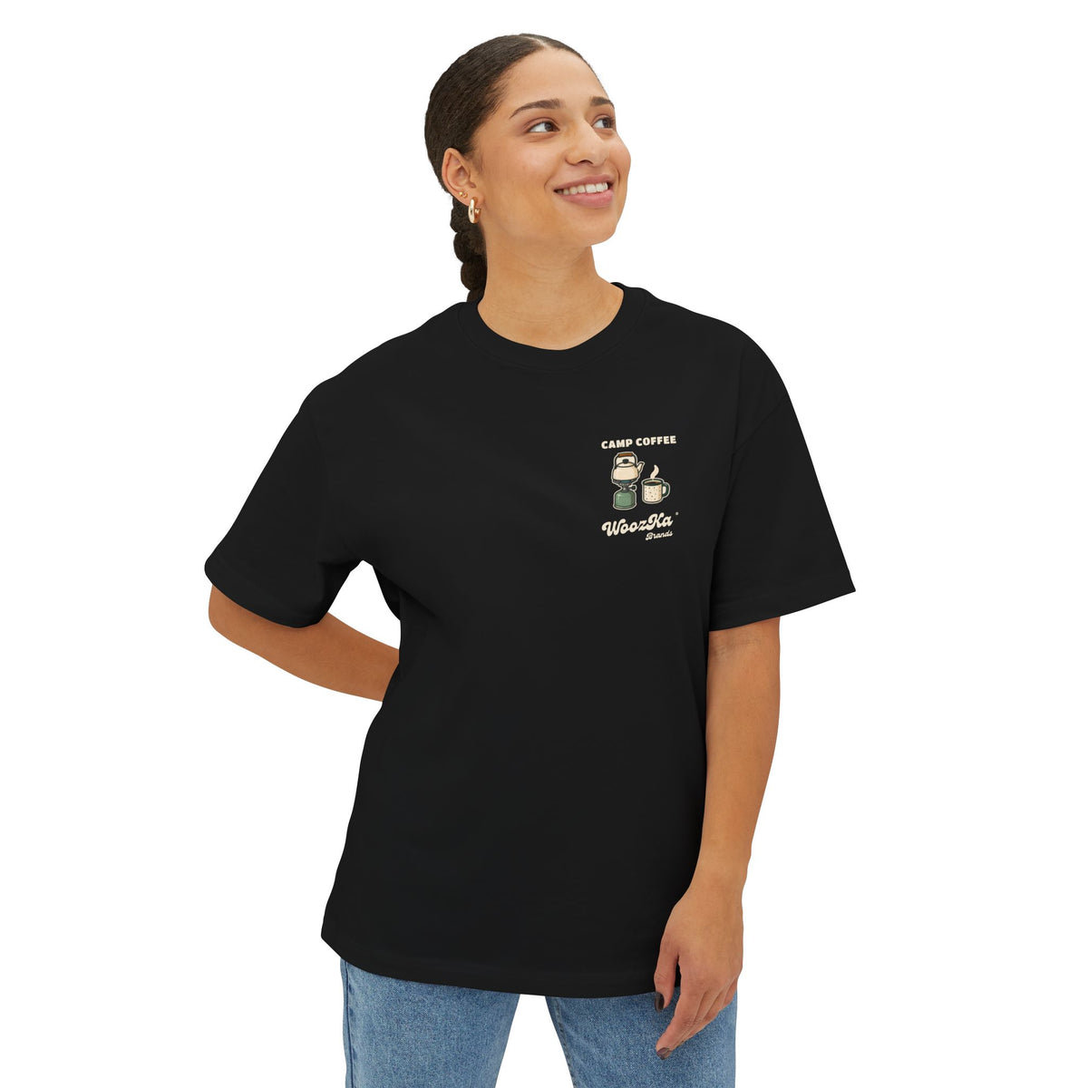 WoozKa Brands Camp Coffee Camping Oversized Boxy T-Shirt, Two-Sided Graphic