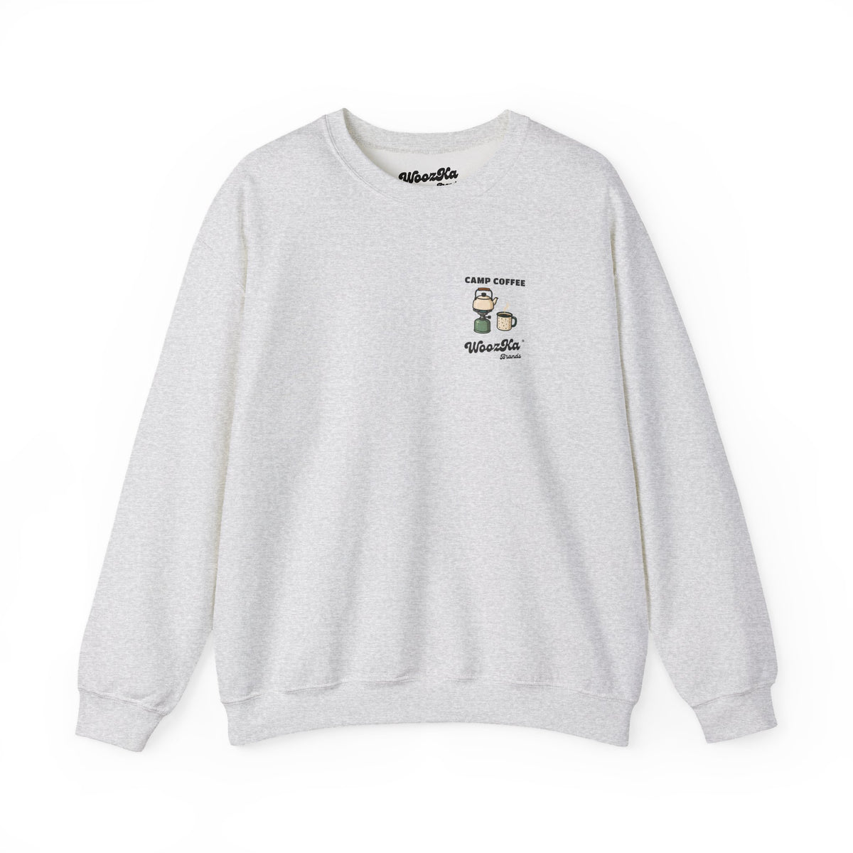WoozKa Brands Camp Coffee Camping Crewneck Sweatshirt, Two-Sided Graphic