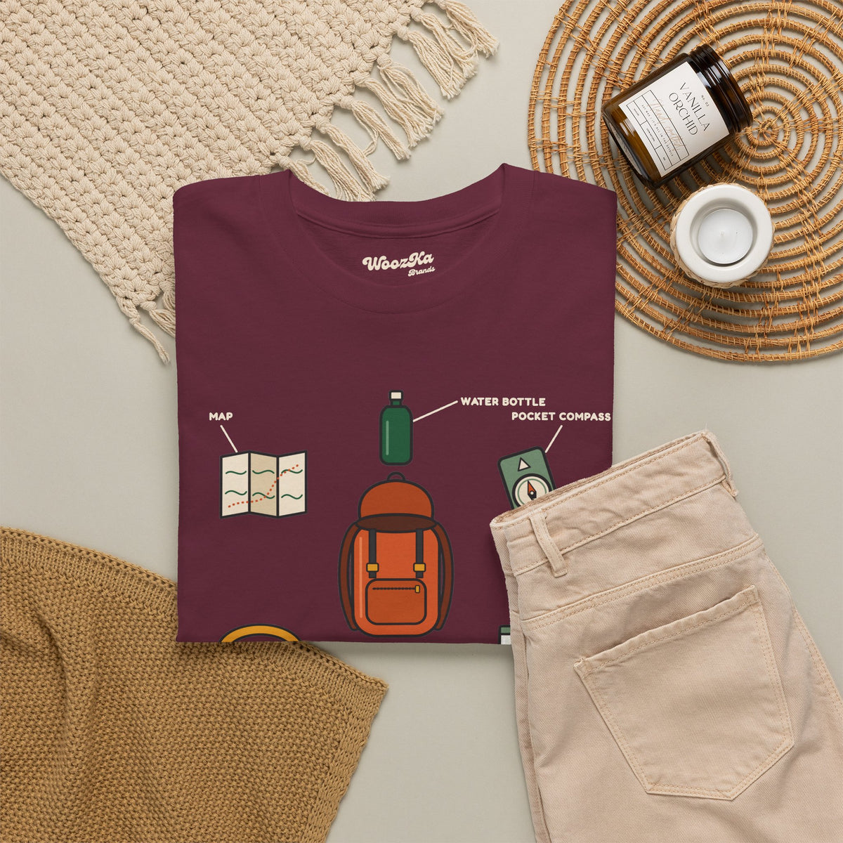 WoozKa Brands Hiking T-Shirt, Backpacking Gear List Front Print