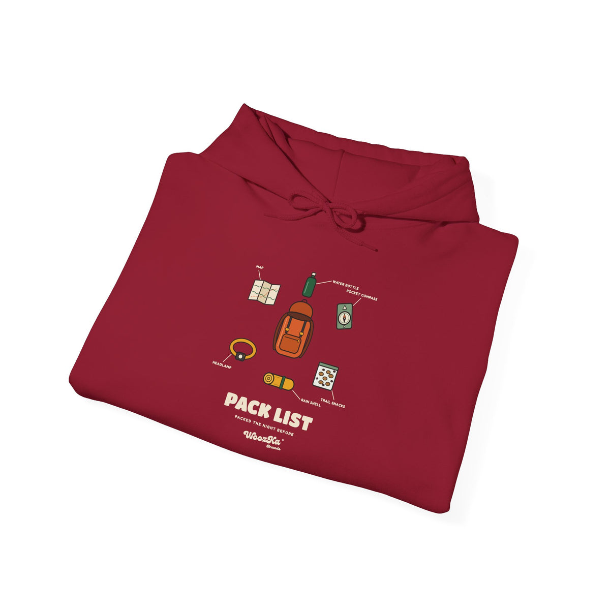 WoozKa Brands Hiking Hoodie, Backpacking Gear List Front Print