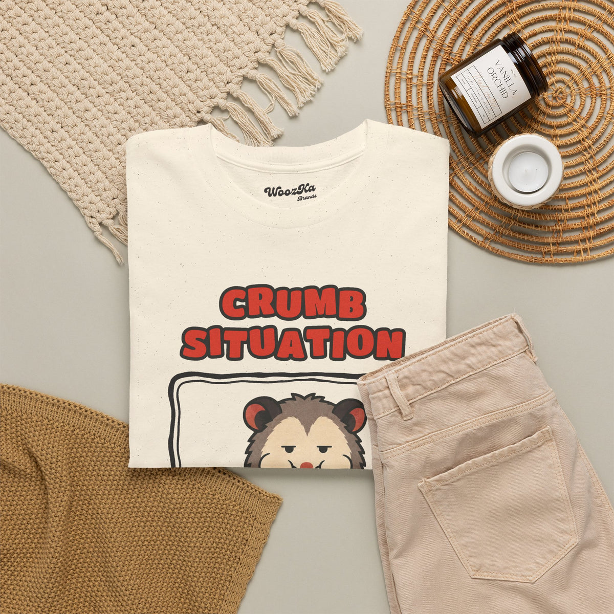 WoozKa Brands Crumb Situation Opossum Heavy Cotton T-Shirt, Front Graphic