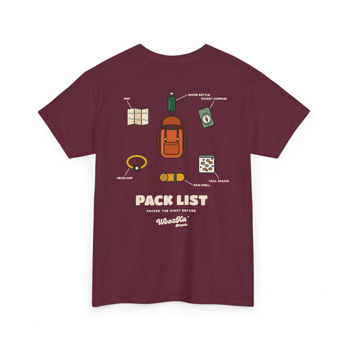 WoozKa Brands Hiking T-Shirt, Backpacking Gear List Back Print