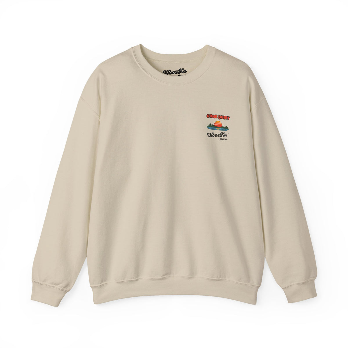 WoozKa Brands Retro Sunset Lake Sweatshirt, Nature Outdoors Pine Back Print