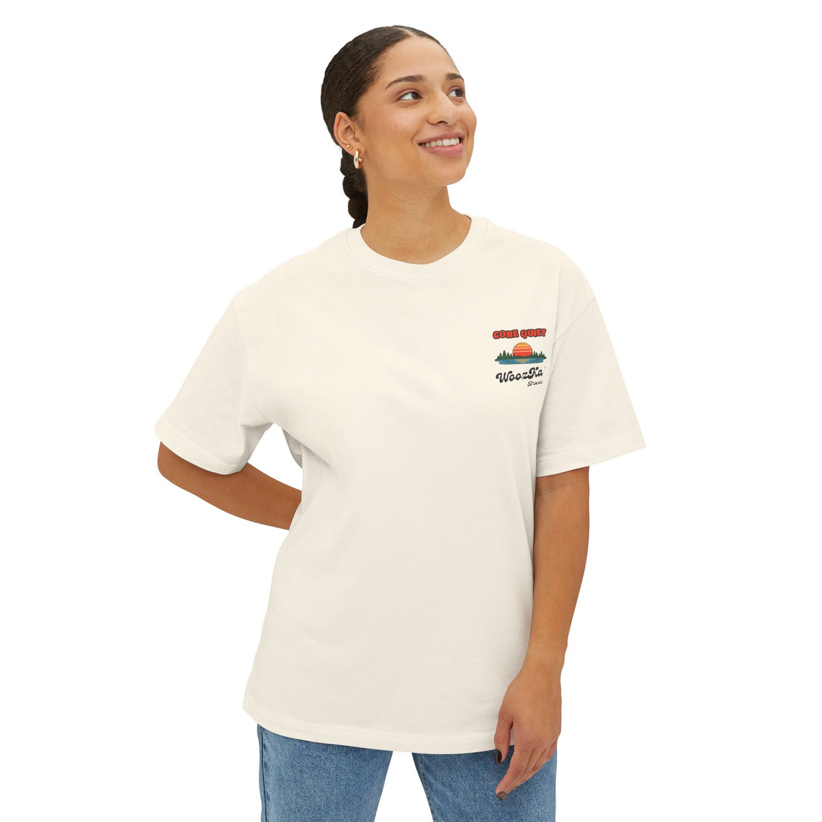 WoozKa Brands Retro Sunset Lake Oversized Tee, Nature Outdoors Back Print