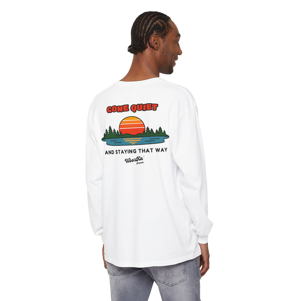 WoozKa Brands Retro Sunset Lake Long Sleeve Tee, Nature Outdoors Back Print