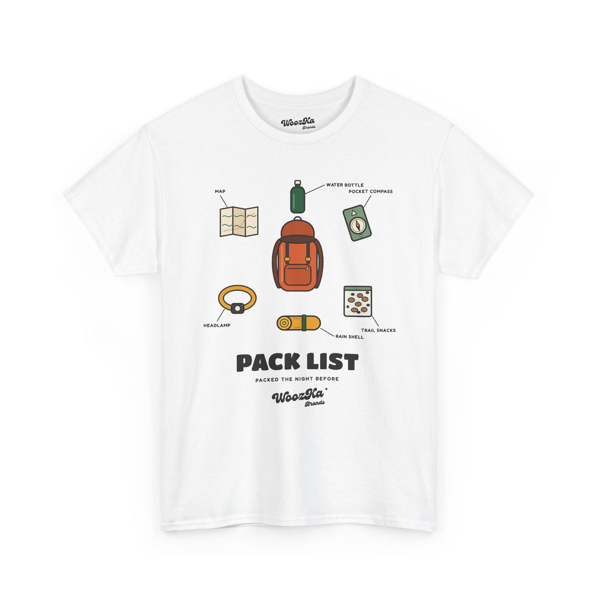WoozKa Brands Hiking T-Shirt, Backpacking Gear List Front Print