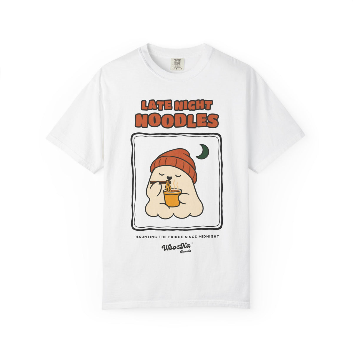 WoozKa Brands Late Night Noodles Ghost Garment-Dyed T-Shirt, Front Graphic