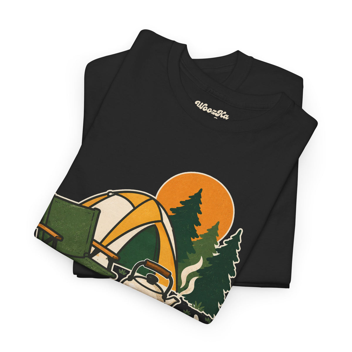 WoozKa Brands Camp Coffee Camping Heavy Cotton T-Shirt, Front Graphic