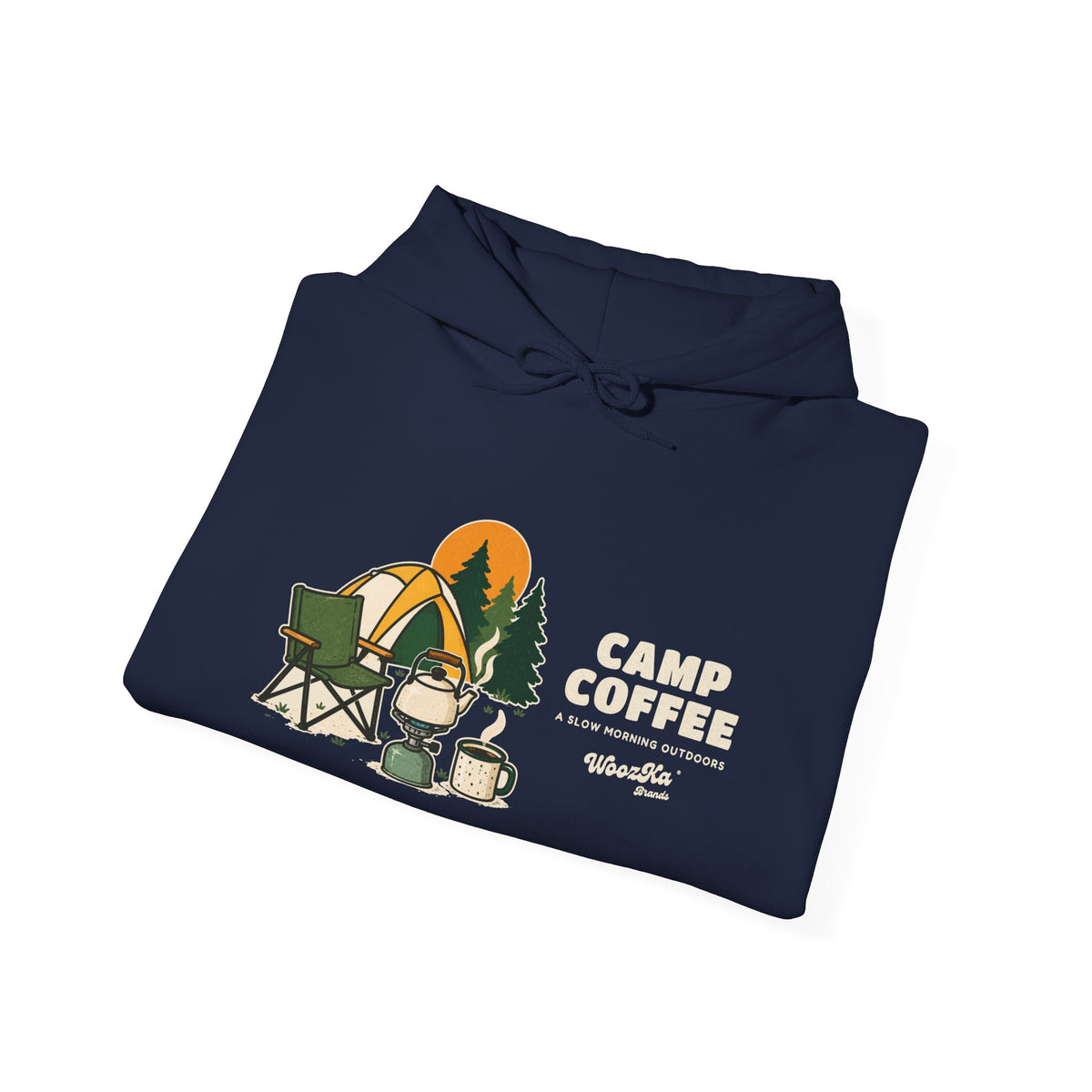 WoozKa Brands Camp Coffee Camping Hoodie, Wide Front Graphic